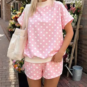 Women's 2 Piece Polka Dot Lounge Set Mock Neck Cuffed Short Sleeve Top and Shorts Matching Set Summer Outfits