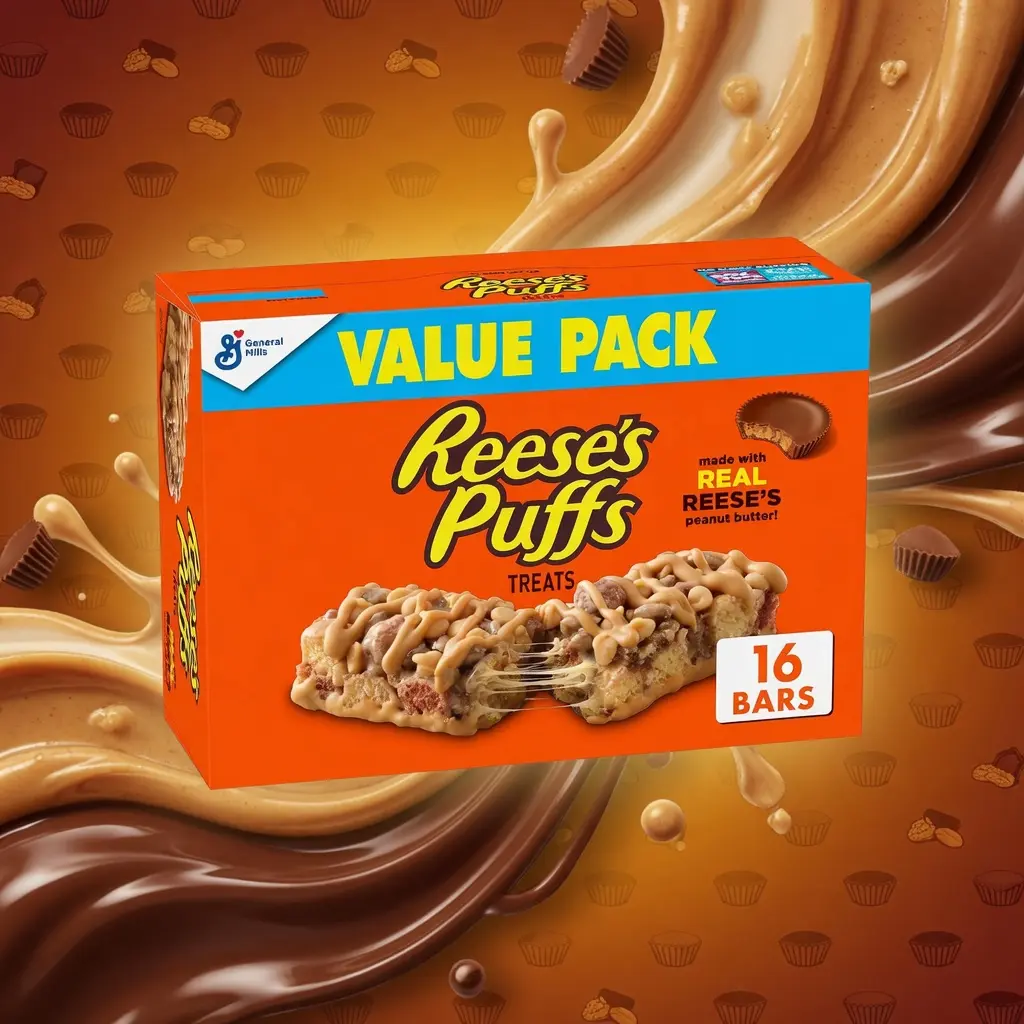 REESE'S Puffs Cereal Treat Bars, Peanut Butter and Cocoa, Snack Bars, Value Pack, 16 Ct, 13.6 oz