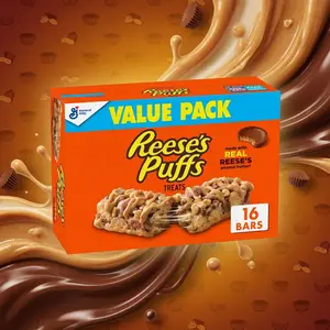 REESE'S Puffs Cereal Treat Bars, Peanut Butter and Cocoa, Snack Bars, Value Pack, 16 Ct, 13.6 oz