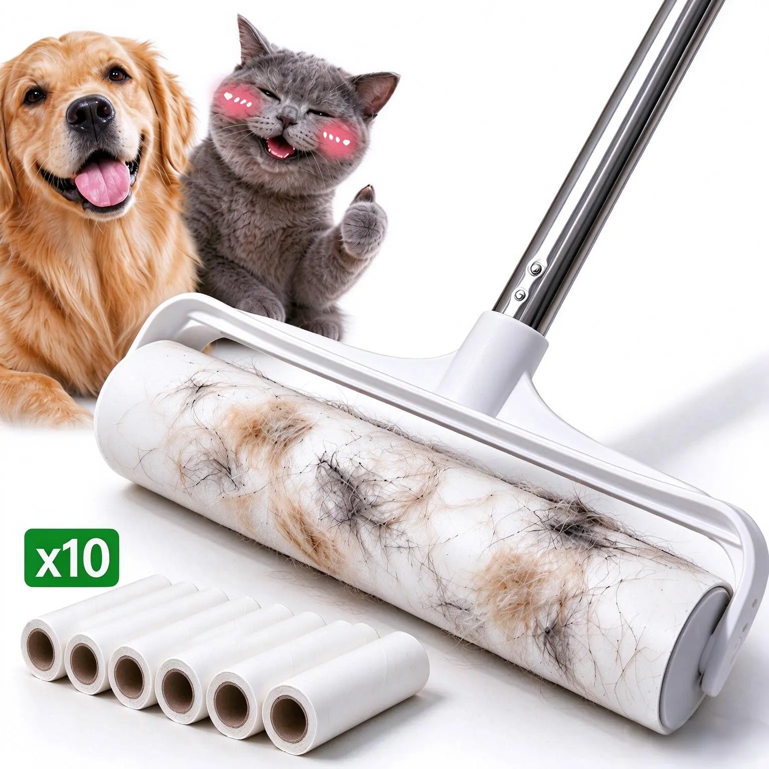 Tearable Disposable Lint Roller with 10 Refill Rolls, Strong Sticky Multi-Purpose Pet Hair Remover Deshedding Tool, Easy-Tear Sheets, Adjustable Extendable Handle for Floor Cleaning Without Bending