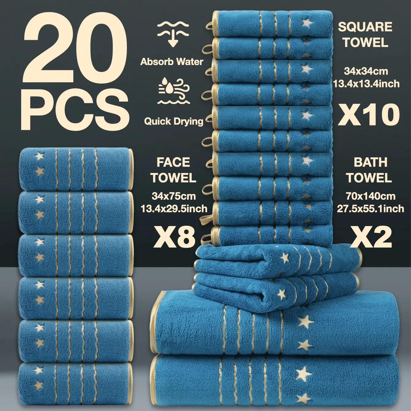 20-Piece Gold Thread Embroidered Bath Towels Set, High-Grade Striped Modern Bathroom Accessories, Quick-Dry Super Absorbent Microfiber, Premium Bath Towels