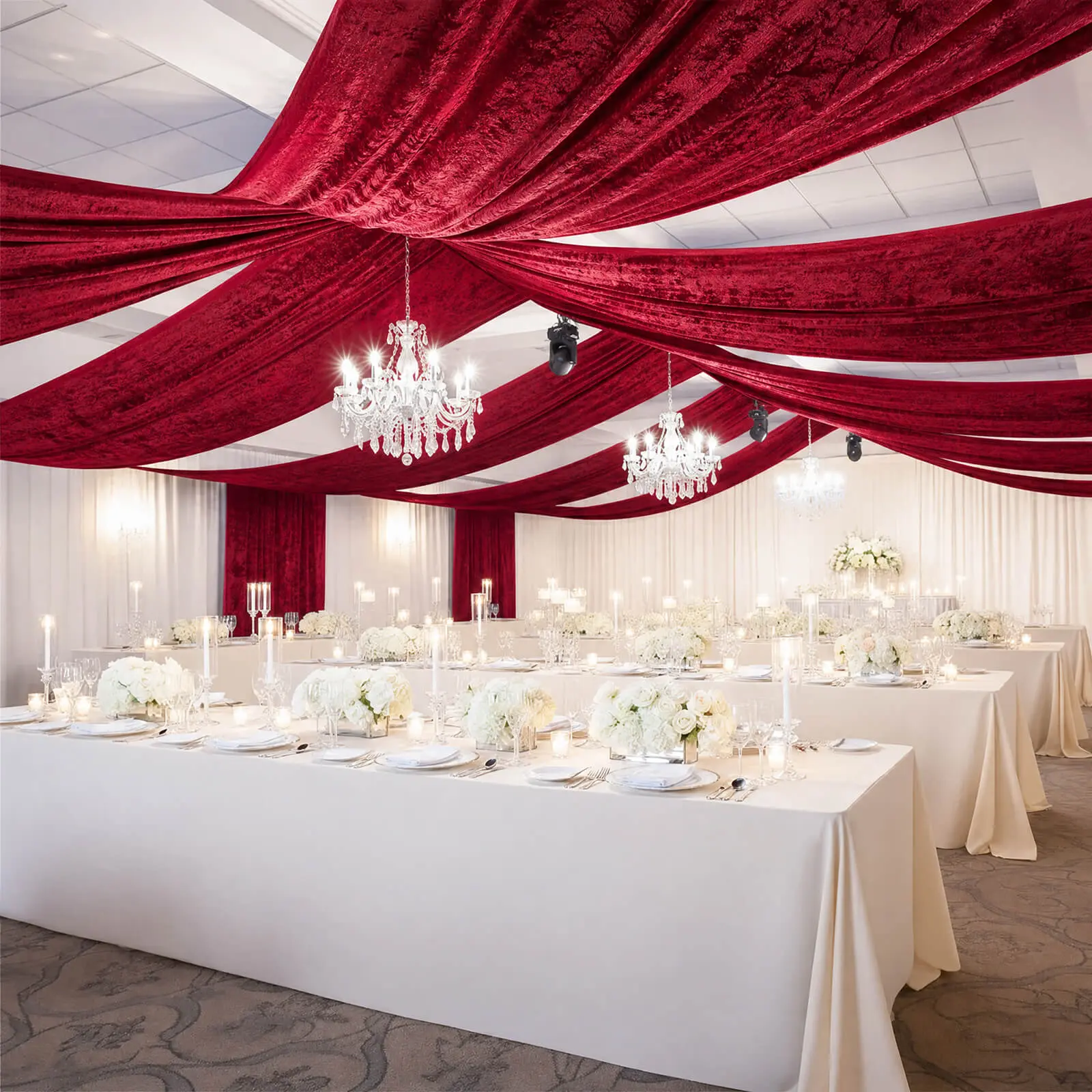 Premium Crushed Velvet Room Divider Curtain - 5ft x 20ft Red Decorative Single Panel, 70% Blackout Ceiling Drape with Rod Pocket for Weddings, Baby Shower Event Decor