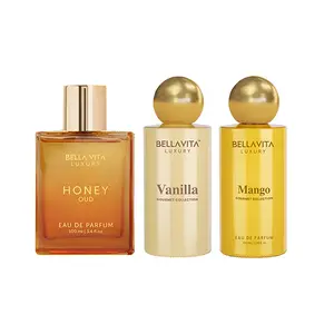 Just Desserts by BellaVita Luxury | 3x100 ml Perfume Set | Honey Oud, Vanilla & Mango | Luxury Unisex Perfume for Men & Women | Long Lasting Eau De Parfum with Patchouli, Vanilla, Bergamot, Fruity, Floral & Woody Notes | Vegan & Cruelty Free Fragrance