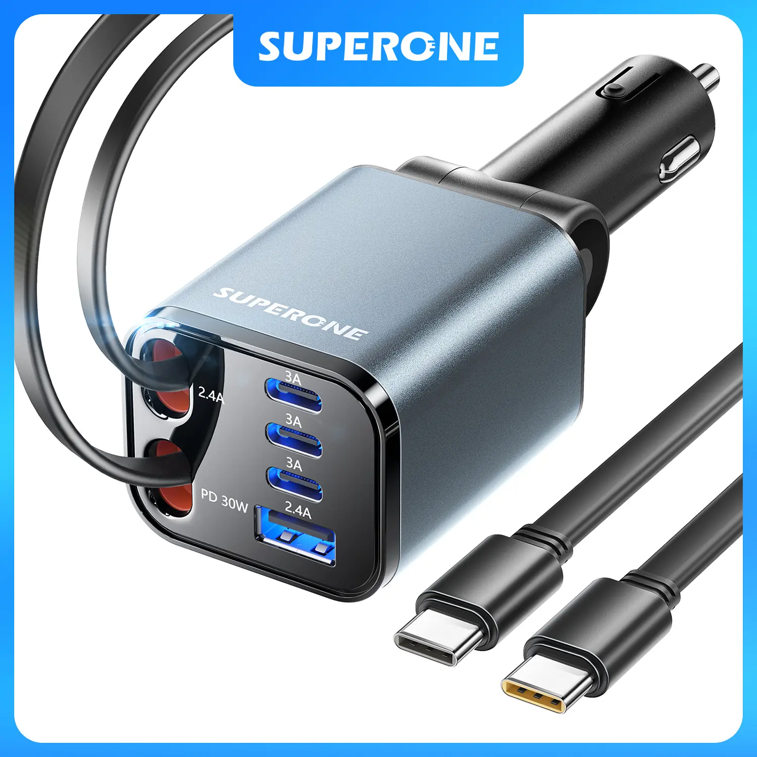 SUPERONE 99W Retractable Car Charger, PD 30W High Speed Fast Charging Solution, USB-C Adapter with Cables for iPhone 17/16/15/14/13/12 & Samsung, Black Cars Accessories for iPhone Users summervibes summerwins