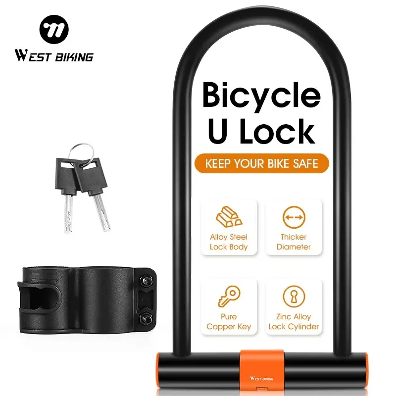 WEST BIKING Stainless Steel MTB Bicycle Chain Lock Waterproof Anti Theft U Lock for Cycling & Motorcycle Accessories