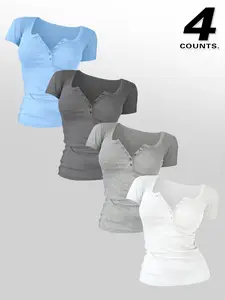 Fashion Casual Plain Short Sleeve Round Neck Women's Top T-Shirt with Buttons, Comfortable Fabric, 4 Pieces Set, 13 Color Options