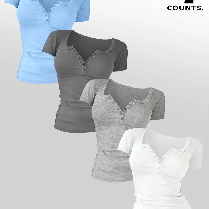 Fashion Casual Minimalist Plain Solid Short Sleeve Round Neck Women's Top Basic T-Shirt with Buttons, Casual Everyday Tee, Casual Trendy Tee, Comfortable Fabric, Summer Minimalist Top, 4 Pieces Set, 13 Color Options, Womenswear