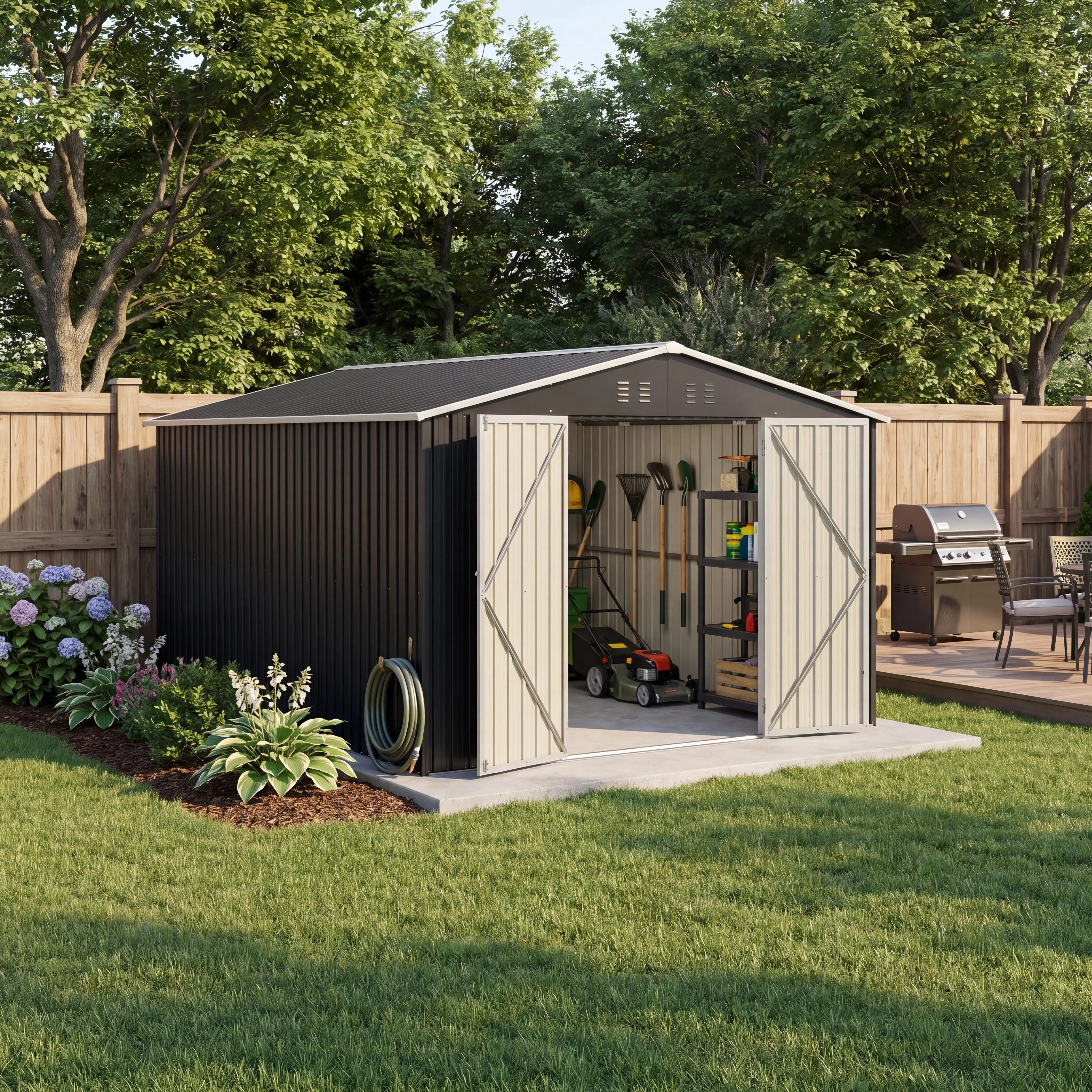 10x12 FT Heavy-Duty Metal Outdoor Storage Shed, Lockable Doors & Updated Reinforced Frame Weatherproof Tool House for Backyard, Patio - Secure Bike, Gardening Equipment, Lawn Mower Storage