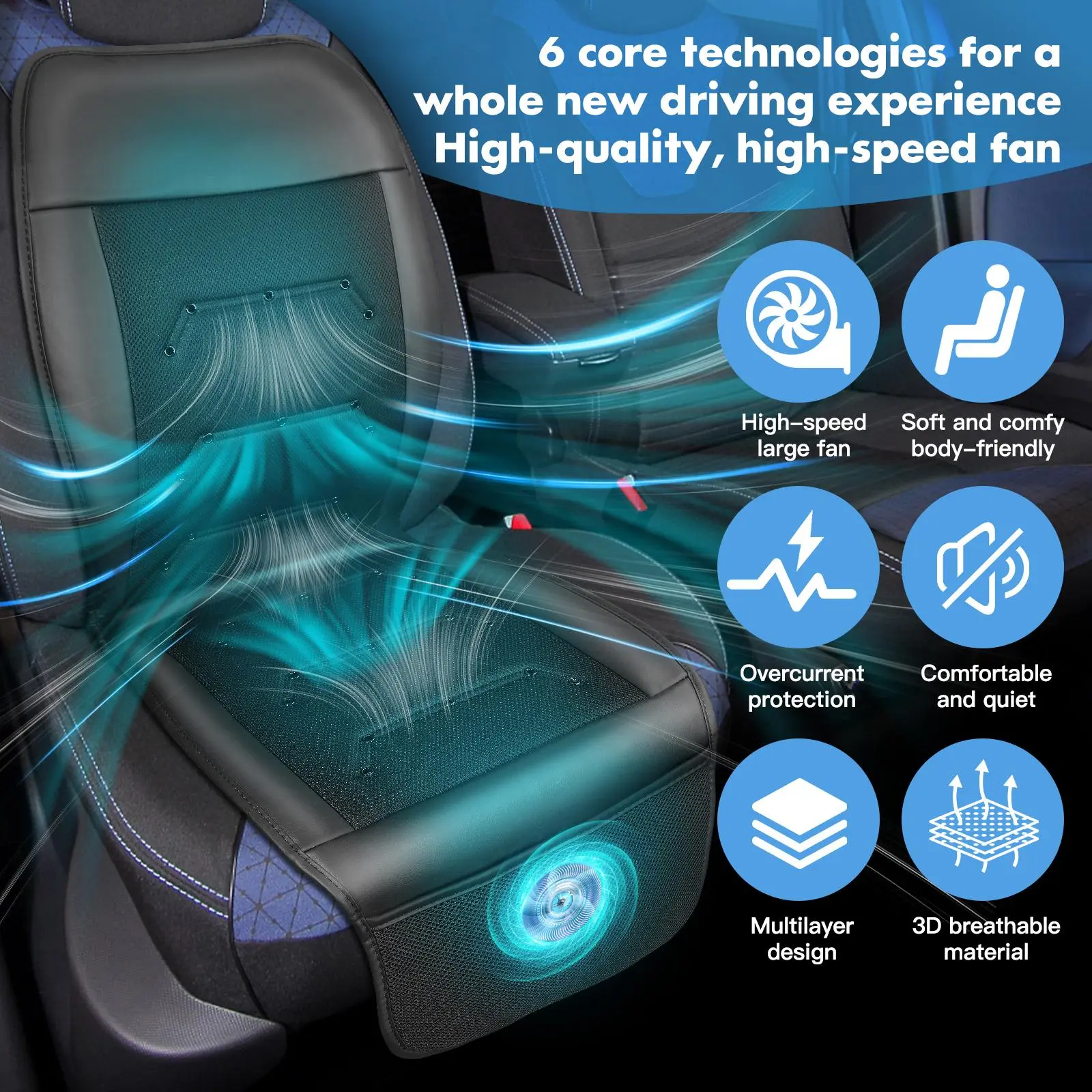 Black Cooling Car Seat Cushion 12V-24V - Fast Ventilated Seat Cover for SUV/Truck/Car, Breathable Leather Pad w/ Powerful Fan 2026 Cooling Pro