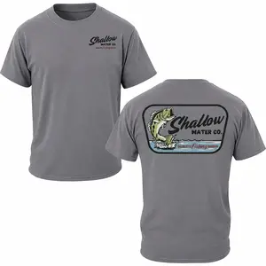 Menswear Short-Sleeve Classic Soft Round Neck Fishing T-Shirt - Shallow Water Co Design, Large Bass Graphic, Back Quality Fishing Goods Logo, Chest Small Logo, Outdoor Style, Gift for Fishermen - KitchenEra