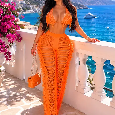 Women's Crochet Fringe 2-Piece Pants Set, Beach Vacation Outfit, Resort Wear, Coastal Chic Beachwear, Lightweight