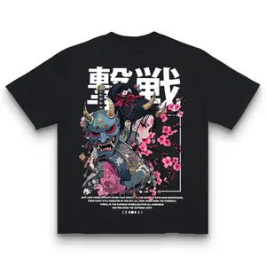 Samurai Oni Mask Graphic Tee Japanese Art Cherry Blossom Streetwear Anime Inspired Warrior Style Top Unisex Cotton Crew Neck Short Sleeve Summer Tshirt - Menswear