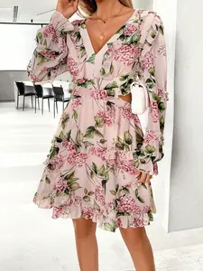 Women's Fashionable V-Neck Printed Backless Dress With Strap Design