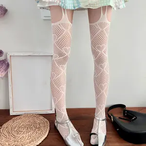 Y2K Heart & Diamond Thigh High Suspender Pantyhose | Shibuya Girl Lace Jacquard Cutout Fishnet Stockings for Easter, Birthday & Party Wear