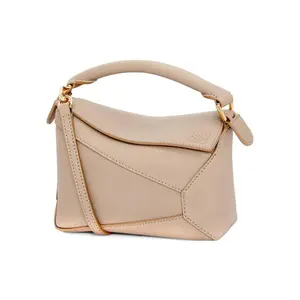 LOEWE Puzzle Edge Mini Shoulder Bag in Soft Grain Calfskin with Detachable Adjustable Strap and Zipper Closure for Women in Sand Color