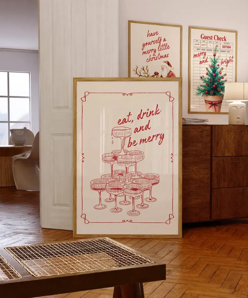 Eat Drink and Be Merry Wall Art, Retro Holiday Poster, Vintage Champagne Tower Print, Christmas Party Decor, Festive Kitchen Printable Christmas poster  [NO FRAMED]