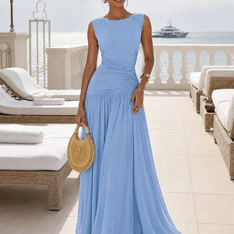 CurvySweet Juliette Women's Chic Sleeveless A-Line Maxi Dress - Backless Ruched Mesh Gown with Tummy Control Tie, Baby Blue Formal Wedding Guest Dress, Elegant Women's Formal Wear, Wedding Guest Dresses