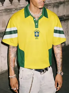 Men's Vintage Colorblock Jersey, Contrast Collar Short Sleeve, Football Badge Design, Street Style Casual Fitted Top