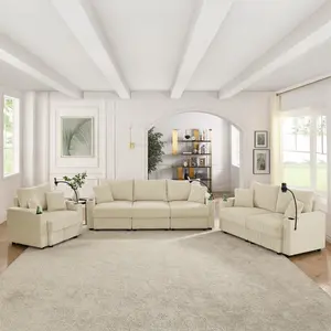 [SOIYELIFE] Modern 6 seats  Sofa  set  with Storage, Deep Seat Sofa with Cup Holders & Phone Holder, Beige Corduroy Couch for Living Room,Beige Unique furniture