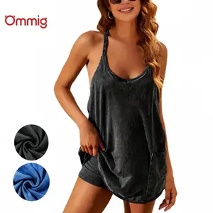 Ommig Women’s Washed Fabric Summer Sleeveless Mini Dress V Neck Spaghetti Straps Athletic Built-in Shorts Sundress with Dual Side Pockets
