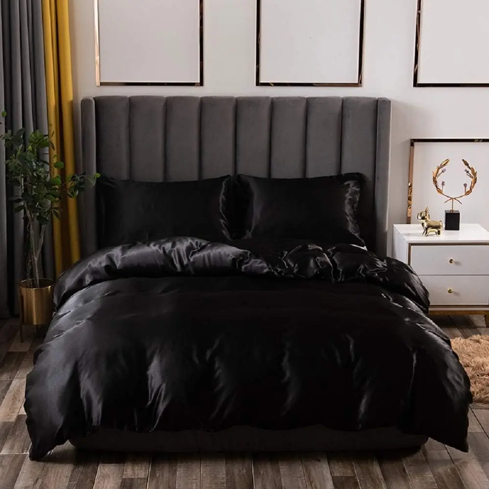 Feelyou Black Silk-Like Satin Duvet Cover Set - Solid Color Soft Microfiber Bedding Set for Women's Bedrooms, Decorative (No Comforter Included), Duvet Cover Sets