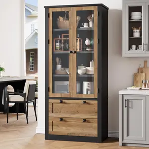 Garvee 72" Tall Kitchen Pantry Cabinet - Modern Display Storage Cabinet with 2 Large Drawers, Glass Doors, and Adjustable Shelves, Kitchen Cupboard for Dining Room, Bathroom, Living Room, Black + Brown