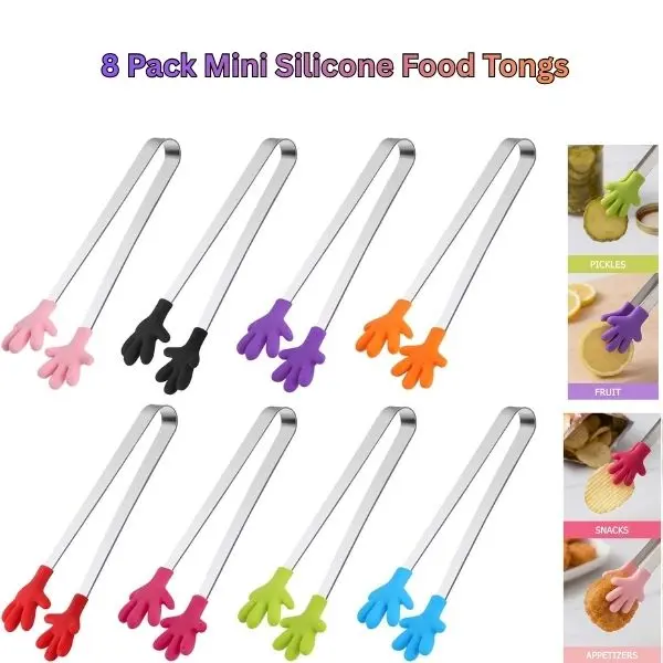 8 Pack Mini Silicone Food Tongs - Colorful Hand-Shaped Kids Tongs with Colorful Tips, Kitchen Utensils for Party Supplies, Parties Backyard, Candy & Fruit Serving