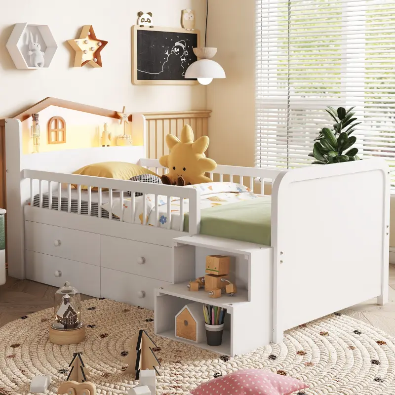 Twin Low Loft Bed Frame with LED Lights, Wooden Twin Size Loft Bed with House Shape Headboard, Twin Bed Frame with Storage Drawers
