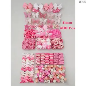500Pcs Girls Pink Bow Hair Clips Set, Cute Princess Hair Accessories, High Elastic No Damage Hair Ties, Rabbit Ear Hair Rings, Versatile Duckbill Barrettes, Ideal for Daily Casual Wear