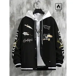 Men's & Women's Cartoon Bear Print Baseball Jacket, Street Style Fitted Design, Fall Winter Casual Wear, Trendy DailyXStO