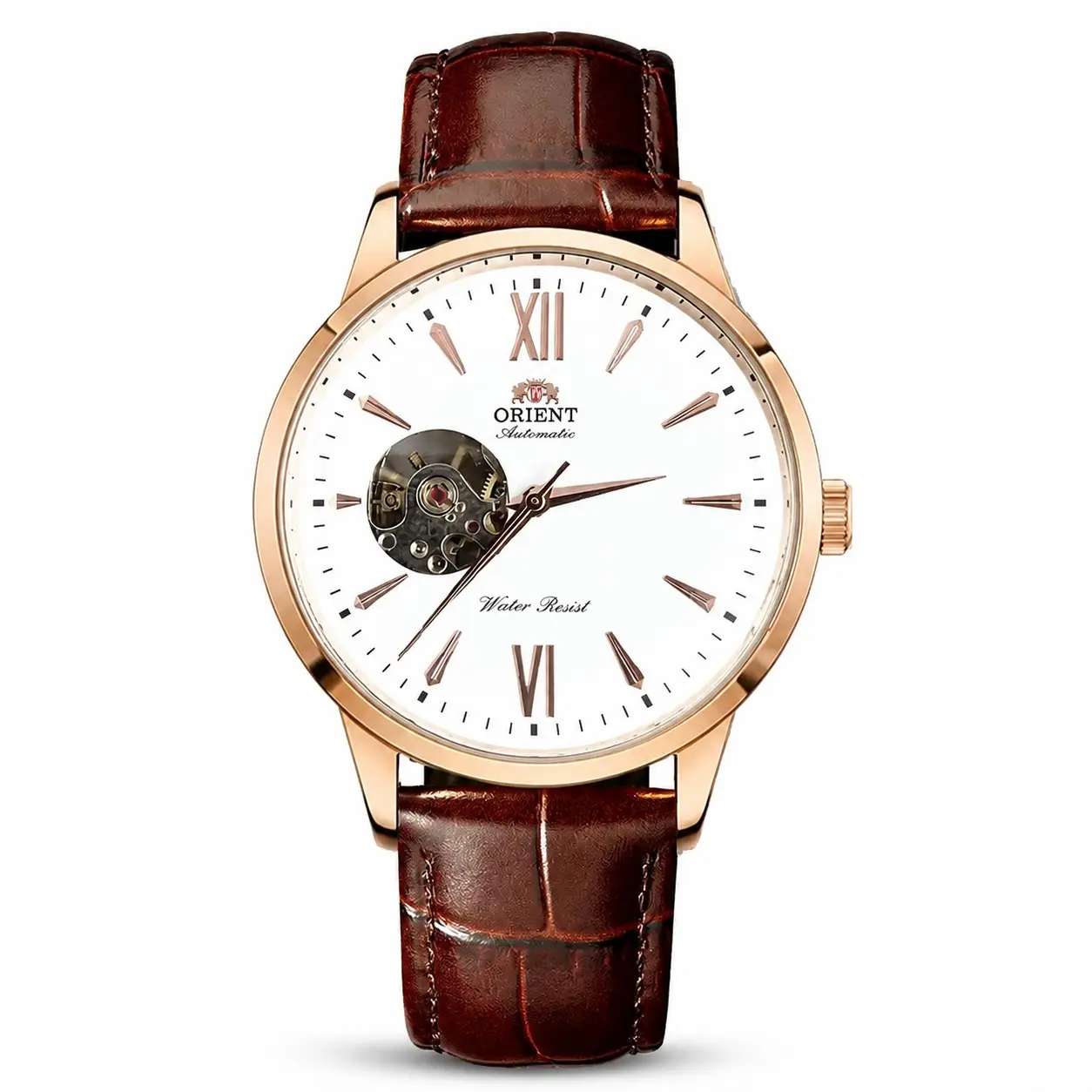 Orient Men Automatic Mechanical Watch Rose Gold Case Half Skeleton Open Heart Dial Roman Numeral Markers Brown Crocodile Grain Leather Strap Waterproof Vintage Business Dress Wristwatch Luxury Birthday Gift For Gentlemen