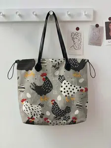 Rooster Pattern 2D Printed Drawstring Tote Bag, Large Capacity Shopping Bag, Durable and Wear-Resistant, Suitable for Work, Shopping, Picnic