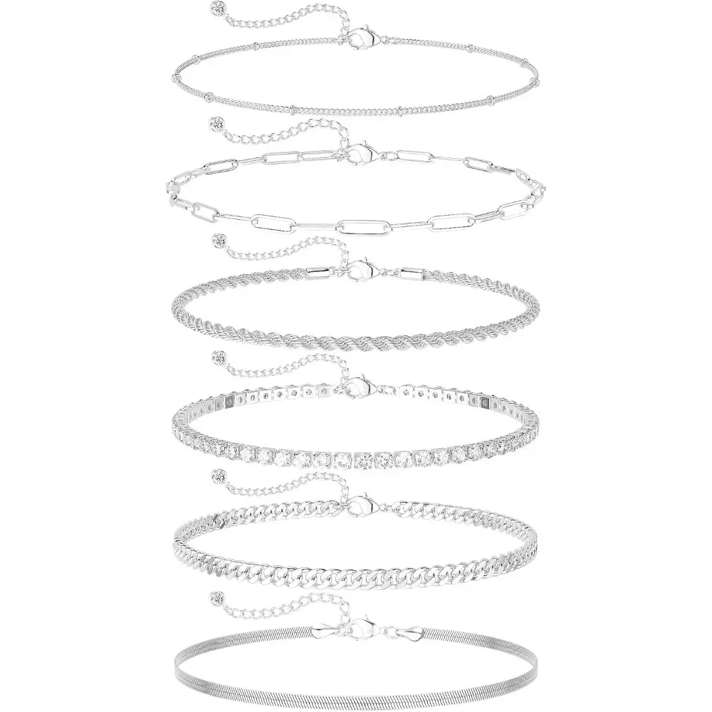 6PCS Dainty Silver Ankle Bracelets for Women Waterproof, Stainless Steel Silver Anklets Jewelry Layered Cuban Chain Herringbone Cute Anklets Set Pack Summer Beach Gift for Women Teen