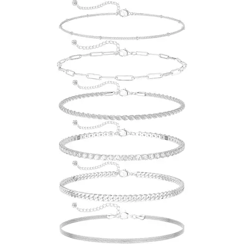 6PCS Dainty Silver Ankle Bracelets for Women Waterproof, Stainless Steel Silver Anklets Jewelry Layered Cuban Chain Herringbone Cute Anklets Set Pack Summer Beach Gift for Women Teen