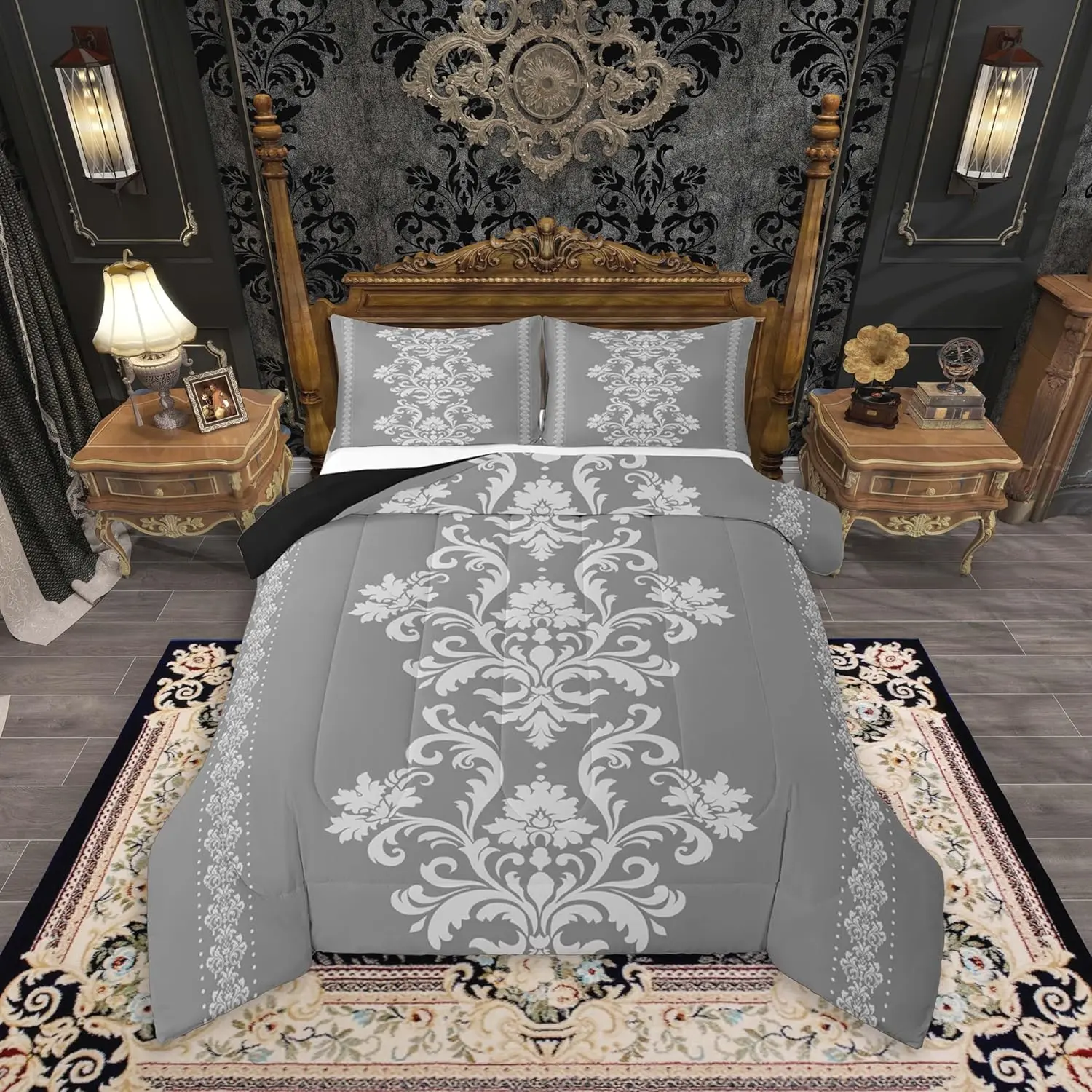 White Grey Damask Print Bedding Set Gothic Vintage Comforter Set Jacquard Floral Duvet Quilt Bedroom Decor Soft Lightweight Microfiber