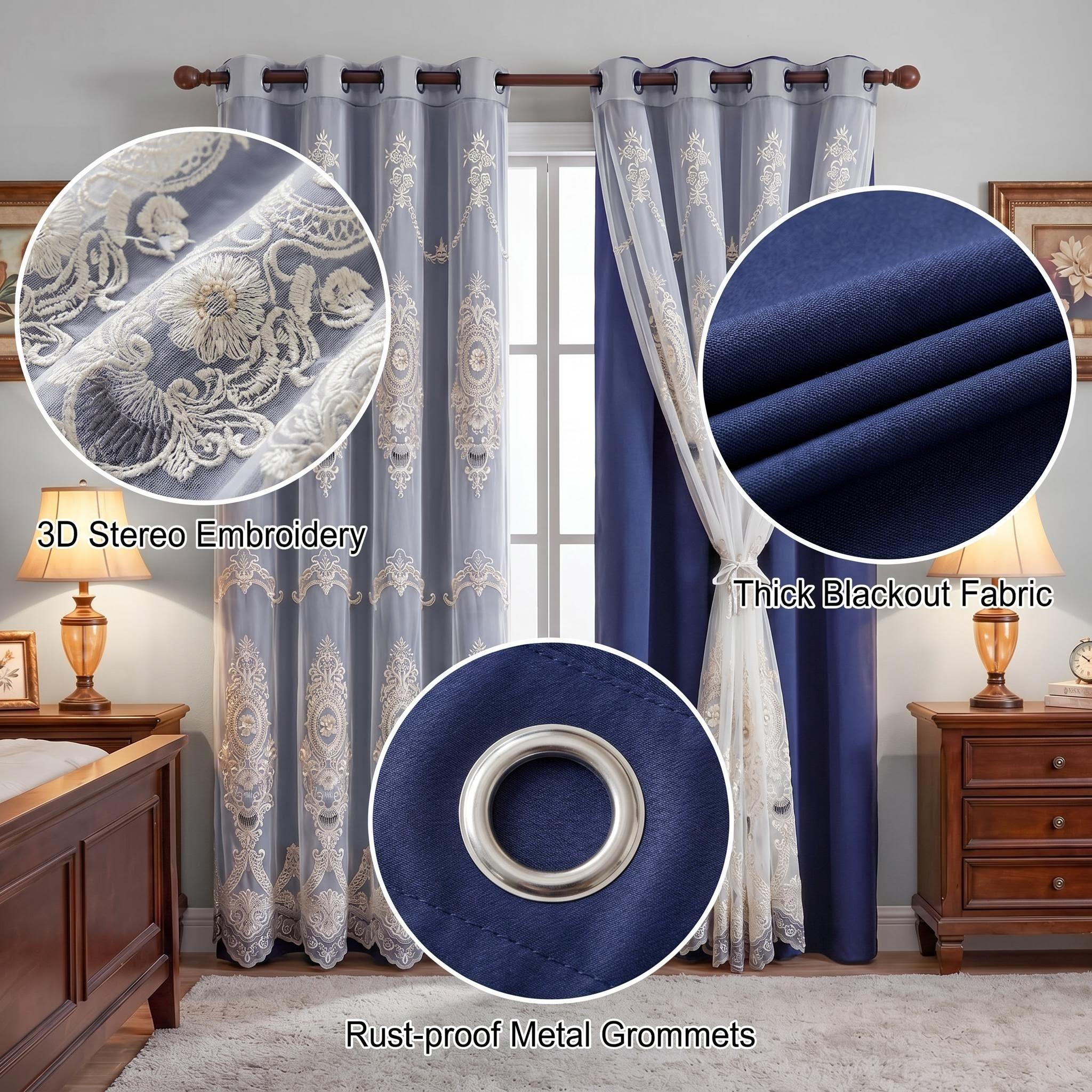 4 Panels Combination Grommets Curtains Including : 2 Panels 52x84 inch Solid Blackout Curtains & 2 Panels 52x90 inch Luxuary Embroidery Curtains QF222 QF78 noise reduction