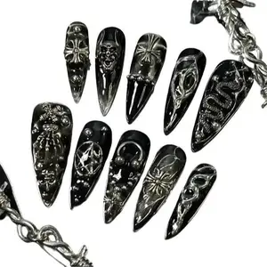 Gothic Black Chrome Press On Nails | 3D Skull, Snake & Spider Nail Art | Dark Punk Rock Nail Set for Halloween, Cosplay, or Alt Fashion