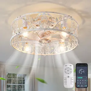 Garwarm Caged Ceiling Fan with Light,20" Flush Mount Ceiling Fan with Remote,Bladeless Fandelier Ceiling Fans with Lights,Small Low Profile Ceiling Fan for Bedroom,Kitchen,Dining Room,White Gold Color