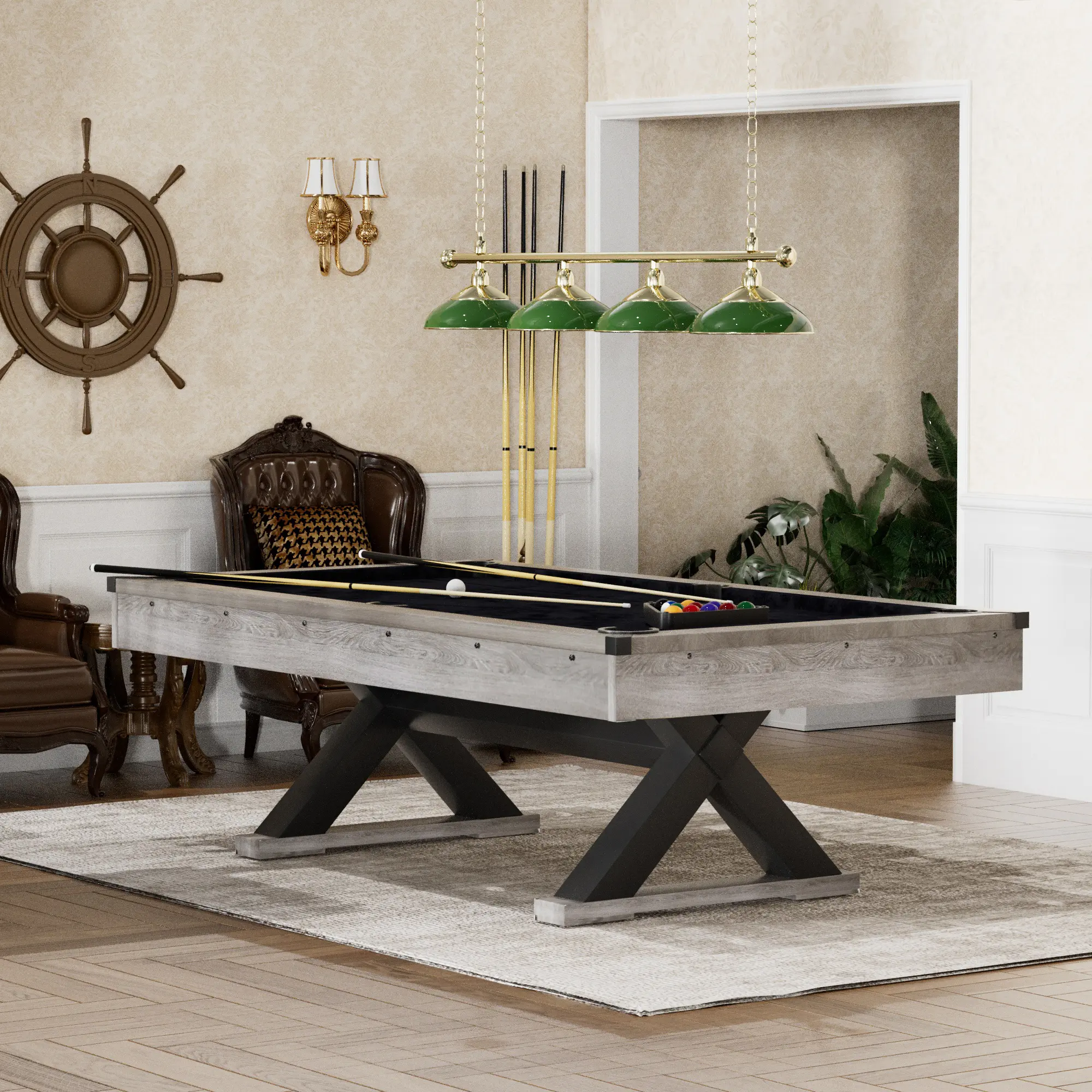 Fahuac 84-Inch Rustic Industrial MDF Pool Table with X-Shaped Legs, Complete Set for Game Room Fun with Friends, Garage, Living Room