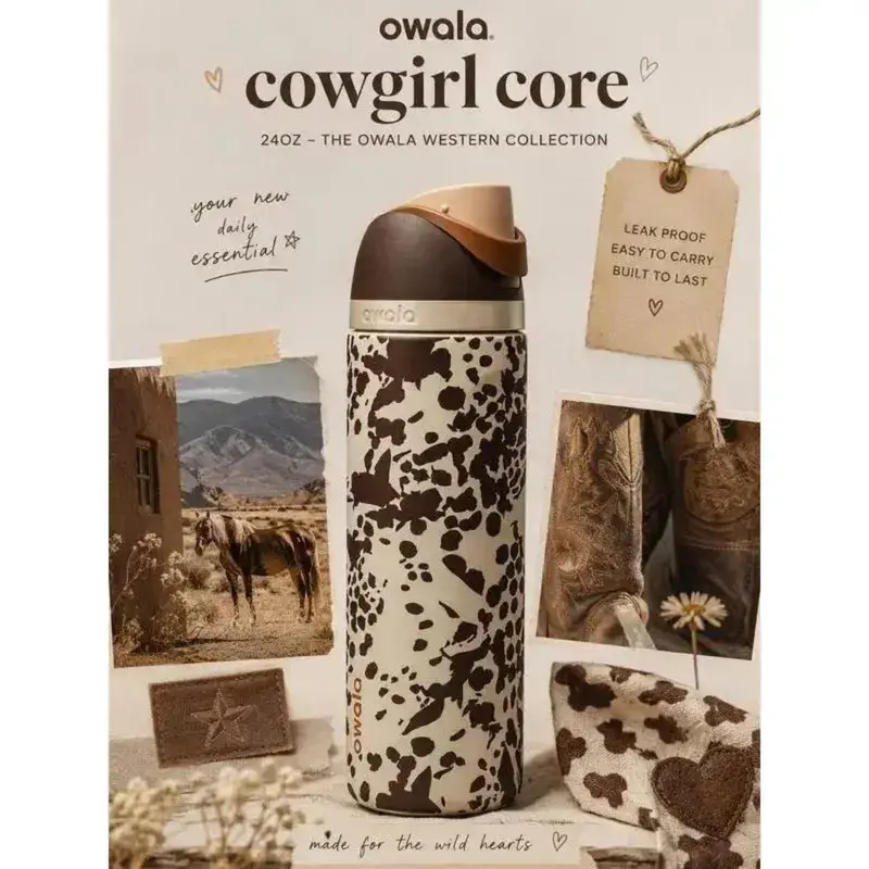 Owala Cowgirl Core FreeSip 32oz Water Bottle Leakproof Insulated Stainless Steel Cow Print Design Gift for Her