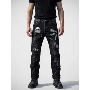 Men's Slim Fit Distressed Denim Jeans - Rockstar Skull Patched, Gothic Streetwear, Y2K Grunge, Punk Aesthetic Biker Pants