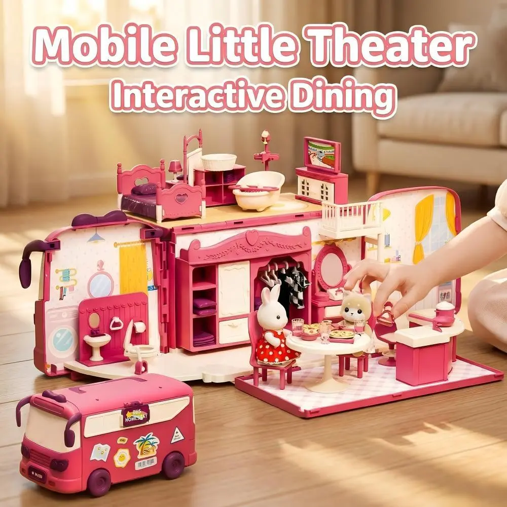 Foldable Travel Toy Bus & Dollhouse Playset with Carry Handle, 1-in-1 Storage & Furniture for On-the-Go Imaginative Play, Colorful Pretend Playhouse