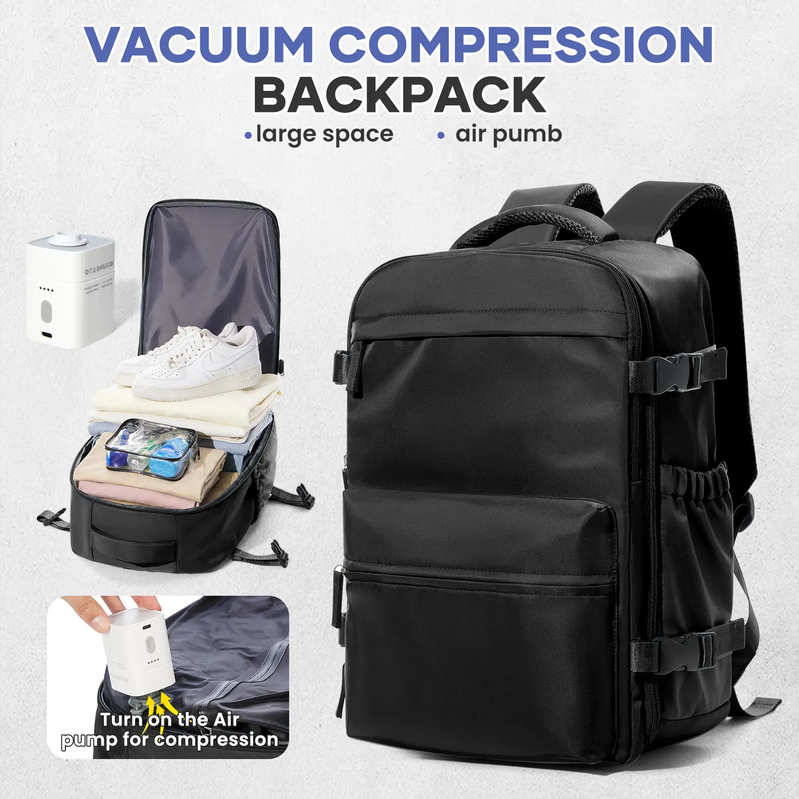 Vacuum-sealed travel backpack (with pump); carry-on travel backpack for air flights; unisex (for men and women); equipped with a vacuum system; vacuum travel backpack laptop backpack