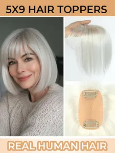 5*9 Human Hair Topper with Bangs Straight Style, Natural Appearance, Covers Gray Hair, Suitable for Daily Wear and Special Occasions, Designed for Women with Hair Loss or Thinning Hair, Multiple Colors, Real Human Hair, Realistic Hair Extensions