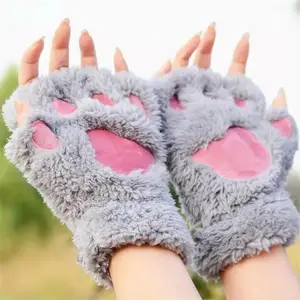 2 Pack Cute Cat Paw Fingerless Gloves ，Cozy Cosplay Faux Fur Plush Winter Gloves for Women Girls Design Hand Kawaii
