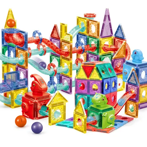 170PCS Magnetic Tiles Building Set for Kids, Dinosaur Track Construction Toy with Transparent Magnet Blocks, Ball Run Pieces and Multi-Level Slides, Creative STEM Building Playset