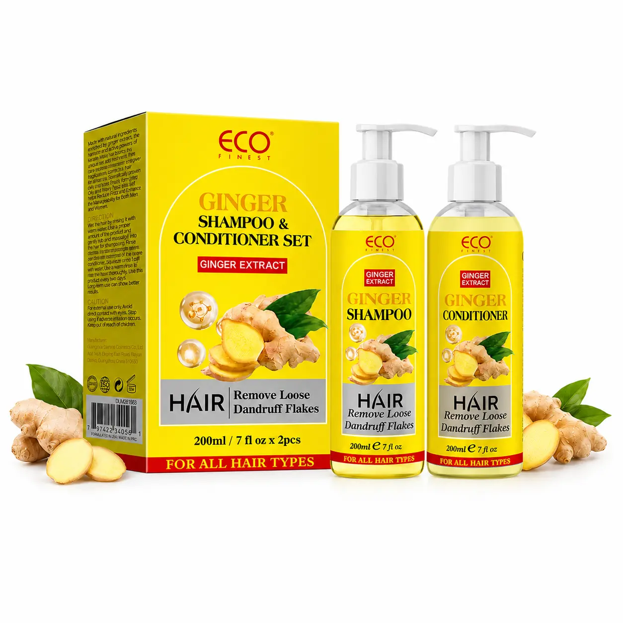 ECO FINEST Ginger Shampoo & Conditioner Kit, 2-Piece Haircare Set with Ginger Extract, 200ml Each, Scalp Cleanser, Frizz-Taming, Lustrous Results, Suitable for All Hair Types