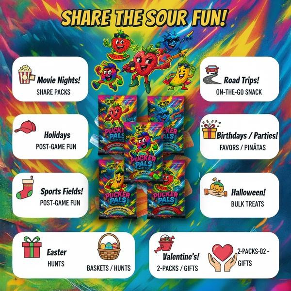 Pucker Pals Sour Candy 5 Flavor Multi-Pack – Extreme Sour & Sweet Strips, Chewy Gummies Gummy Worms Style Bold Fun Belts With A Punch for Kids Boys Girls Teens & Adults Halloween & Stocking Stuffers