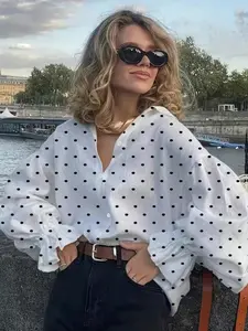 Women's Drop Shoulder Long Sleeve Button Front Polka Dot Shirt, Blouses, Casual Loose Fit, French Lazy Style, Coffee Shop Scene, Vacation Wear