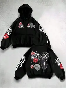 Y2K Geometric Pattern Zip-Up Long Sleeves Hoodie, New York Print Street Style Hooded Sweatshirt, Fitted Pullover for Daily & Streetwear, Graphic Hoodie, Casual Sporty Hoodies